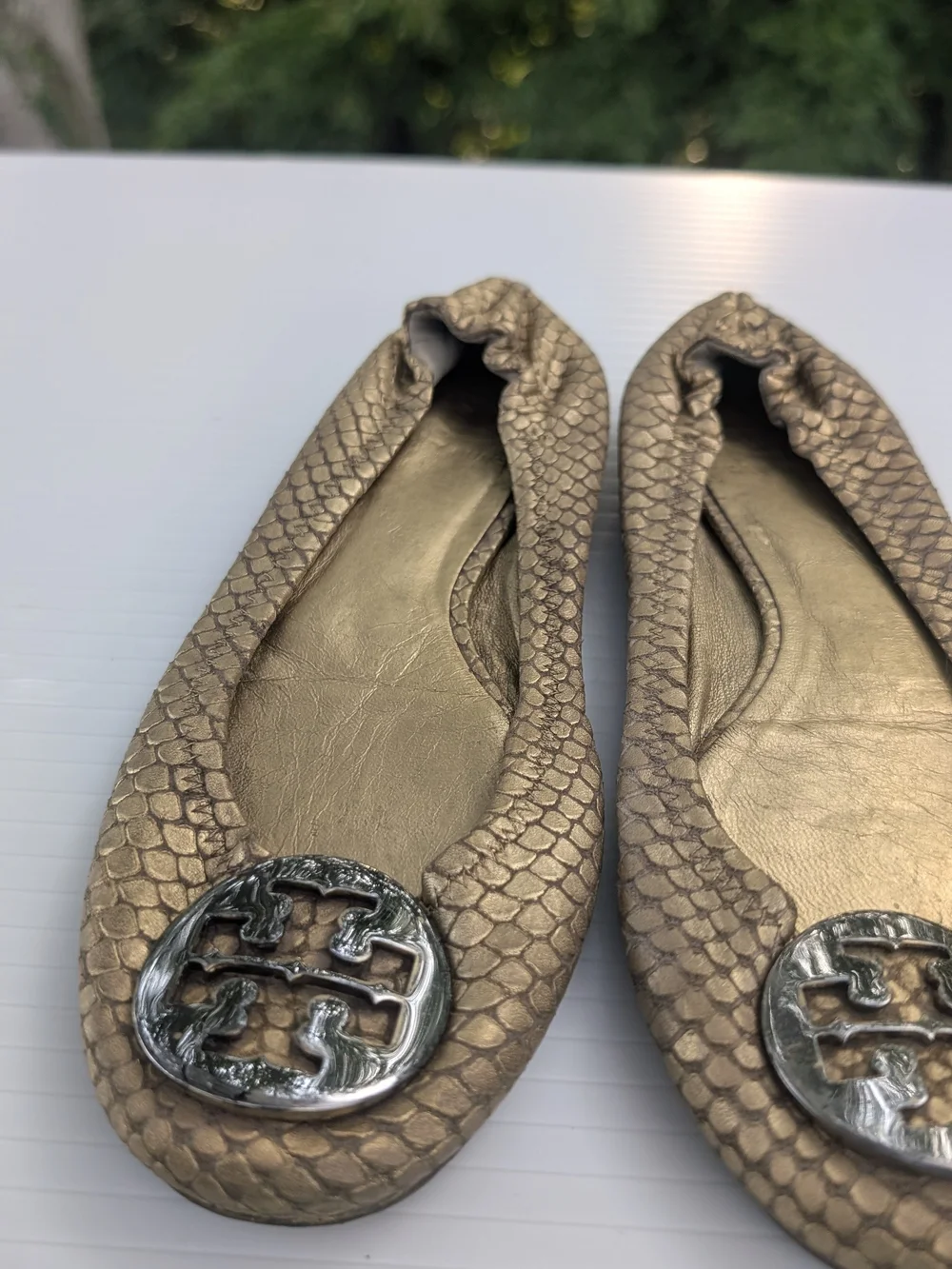 Tory Burch Reva Metallic Bronze Snake-Embossed Ballet Flats with Logo